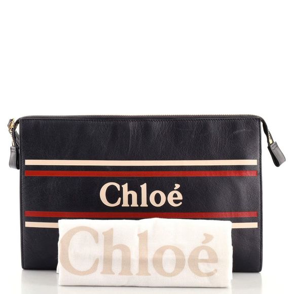 Chloe Logo Vick Pouch Leather Large Blue - Picture 2 of 8